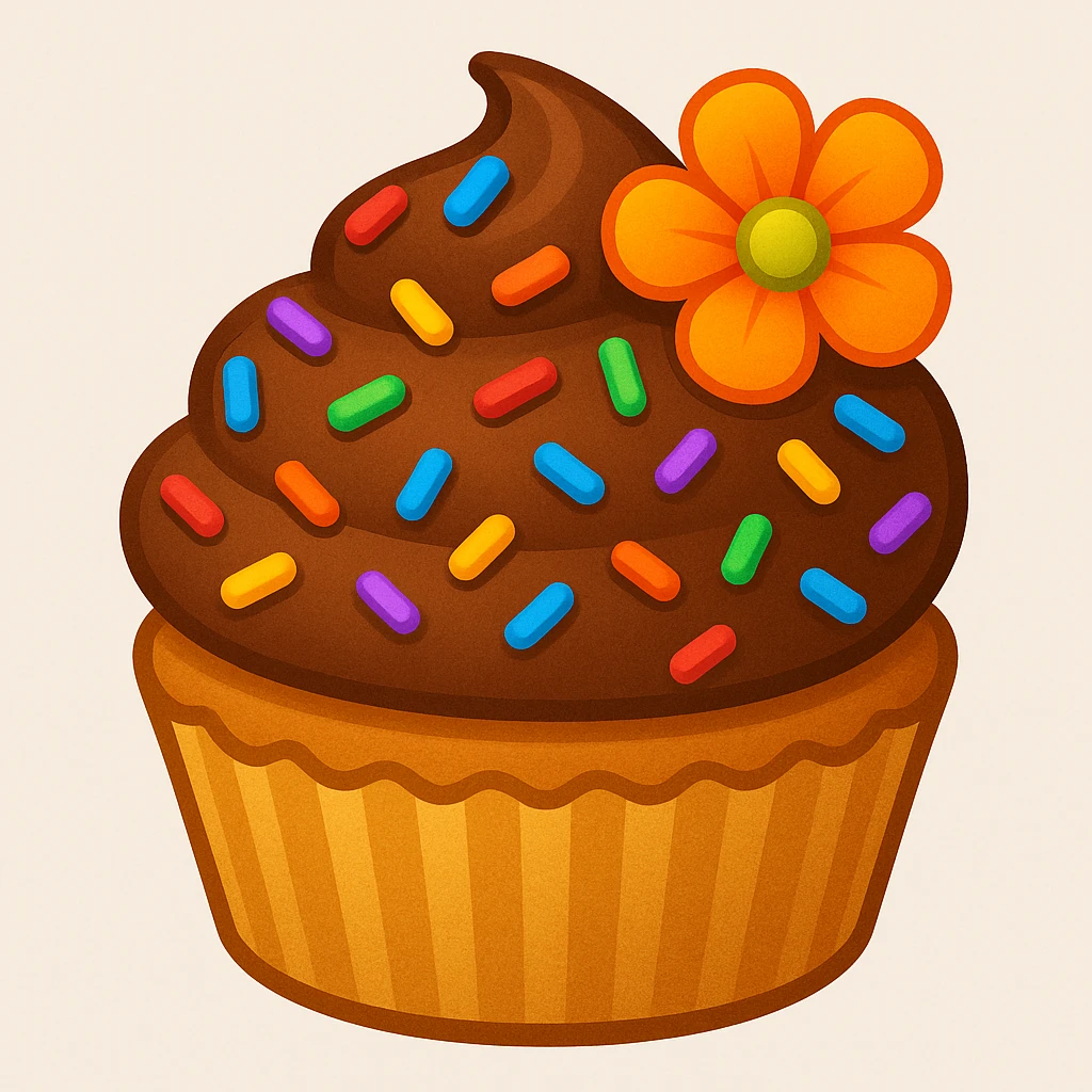 Add colorful confetti sprinkles and a small edible flower to the cupcake with brown (chocolate) frosting and rainbow sprinkles in emoji style. emoji