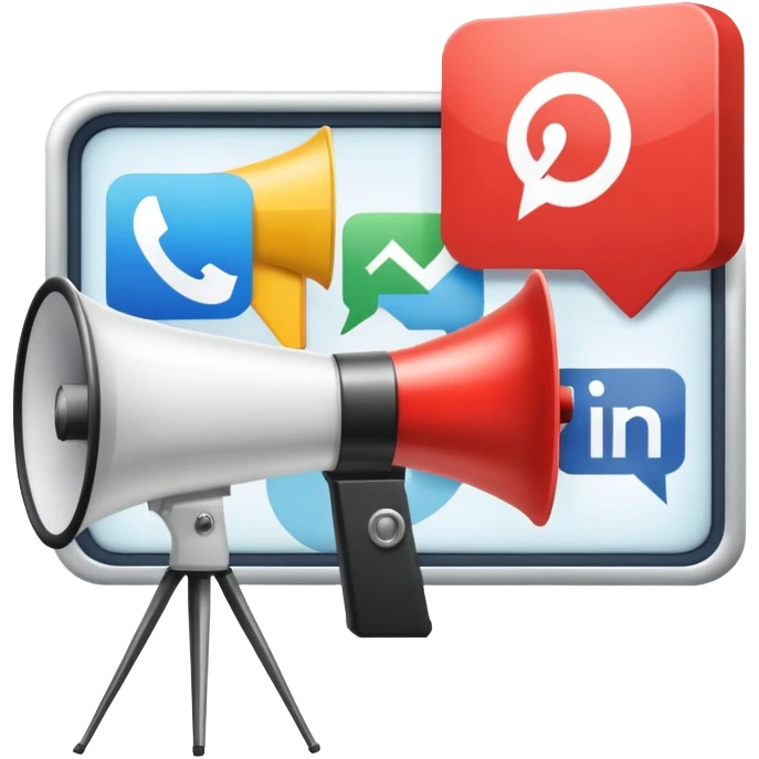 An icon featuring a megaphone, a billboard, and social media icons, symbolizing advertising and public relations. The design includes a press release and a rising graph, representing brand promotion and communication strategies. Transparent background highlights media influence and outreach. emoji