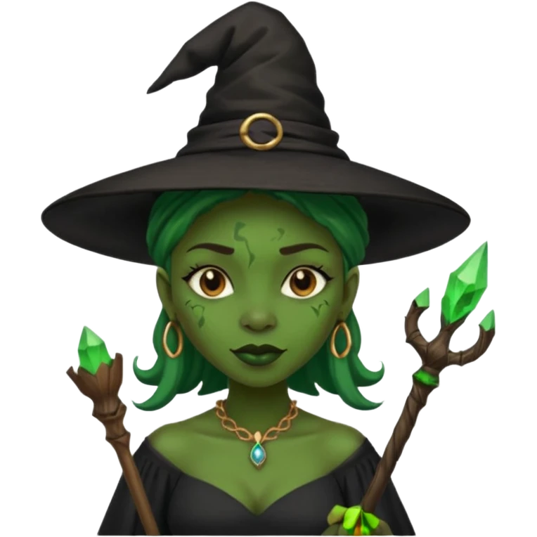 ведьма-африканка с зеленой кожей, без украшений в черном платье и черной ведьминской шляпе с посохом emoji