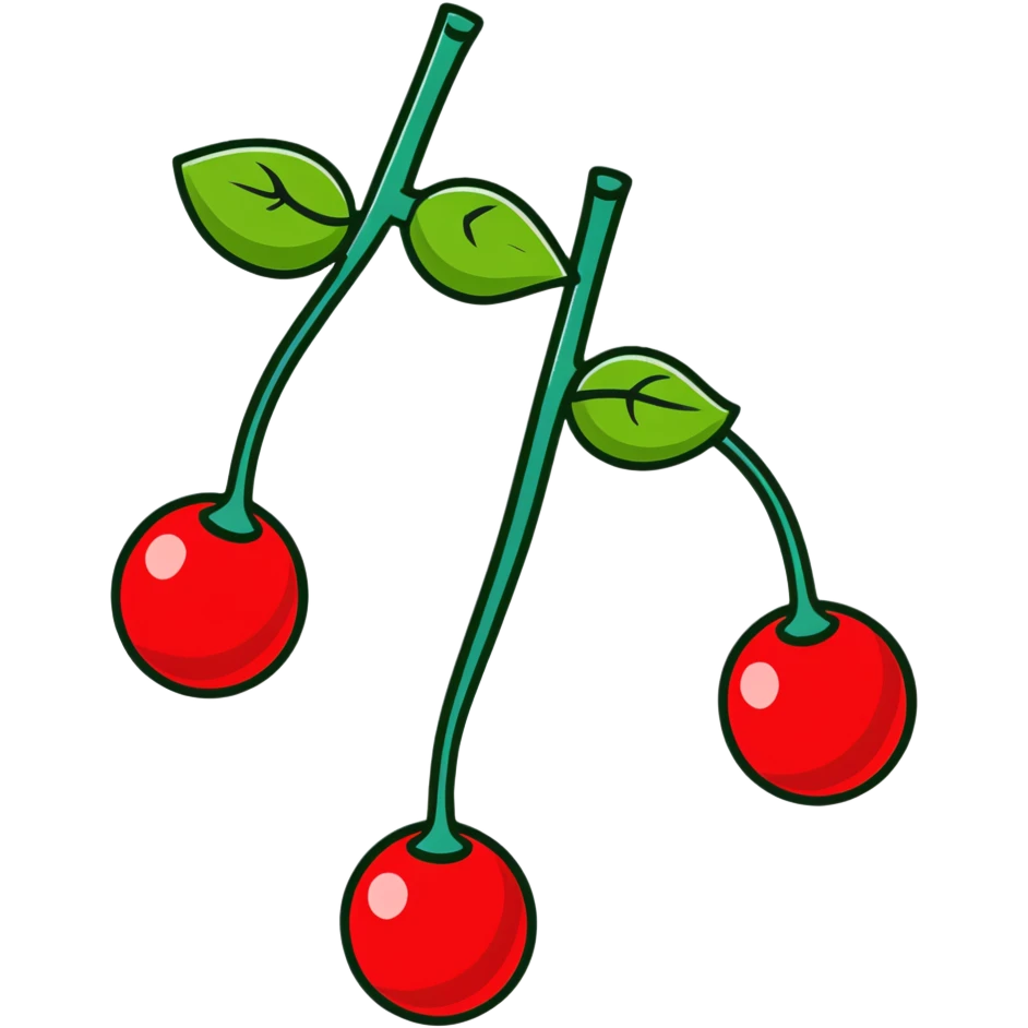Bunch of three red cherries with stems and green leaves emoji
