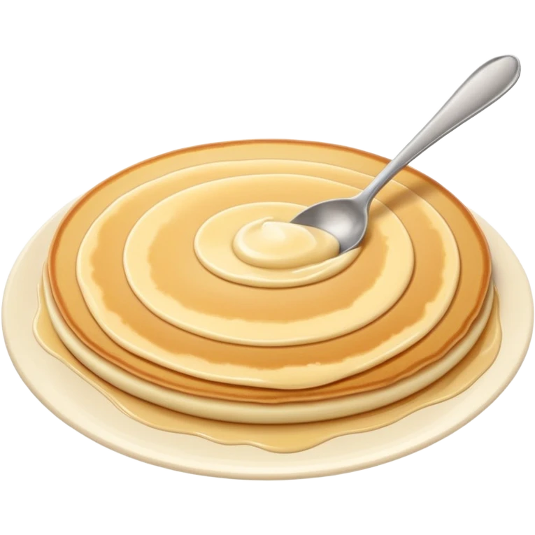 pancake batter smooth pale beige gentle swirl puddle soft ridges glossy surface thick yet fluid ready to cook no pan spoon toppings soft lighting emoji scale emoji