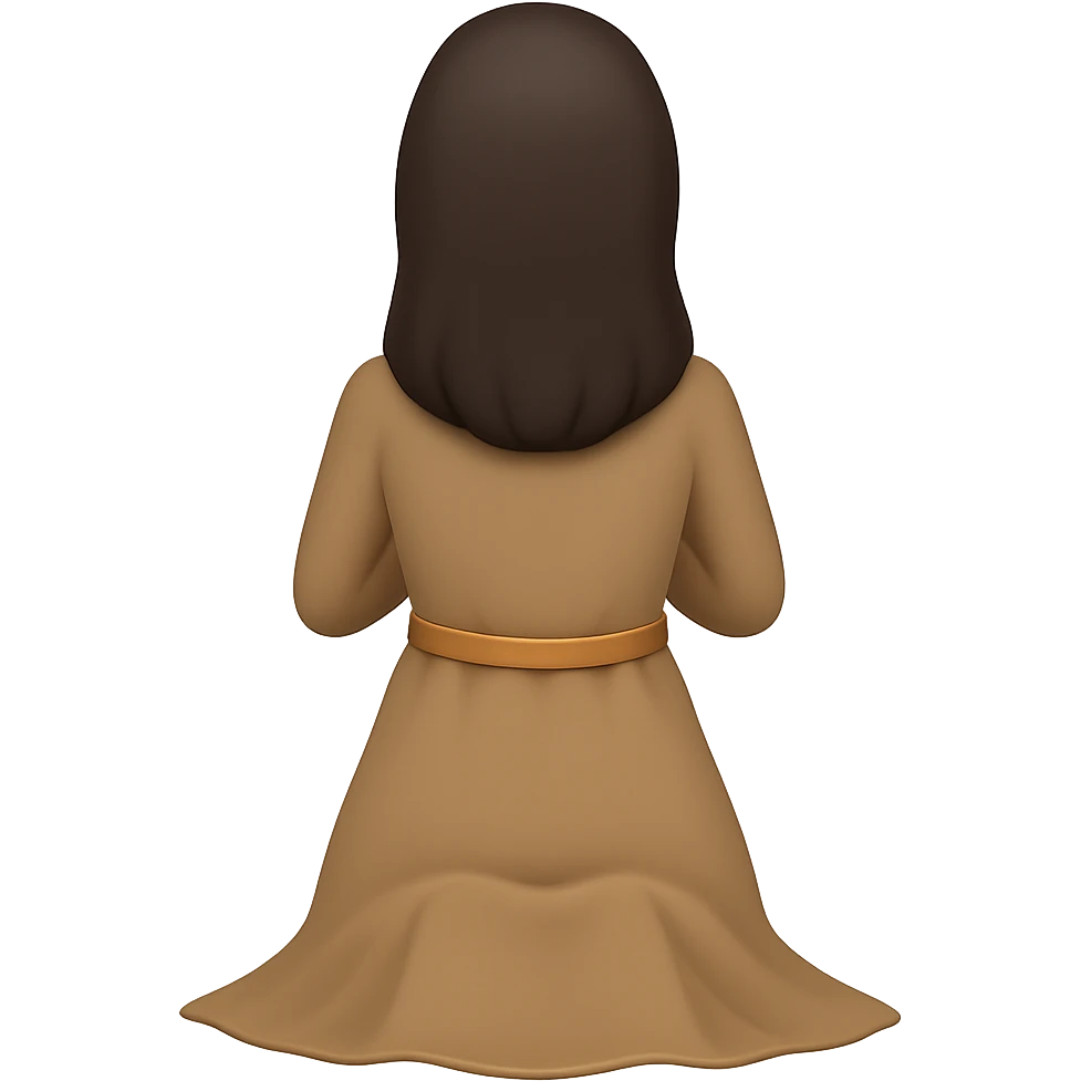 Edit the image to show a woman kneeling and praying from the back view, wearing a long tan dress and having dark brown hair. The style should resemble emoji style. Remove the background completely. emoji