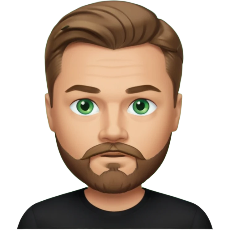 a good looking like leonardo di caprio blue eyes, beard, mustache, a black shirt, green eyes emoji