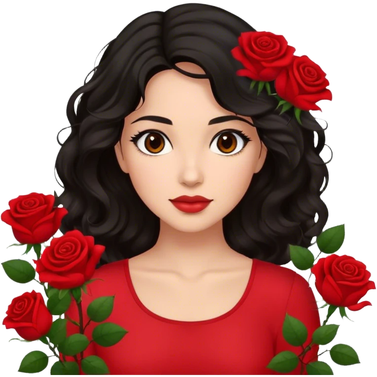 Brown eyes black wavy hair red top red roses background  emoji