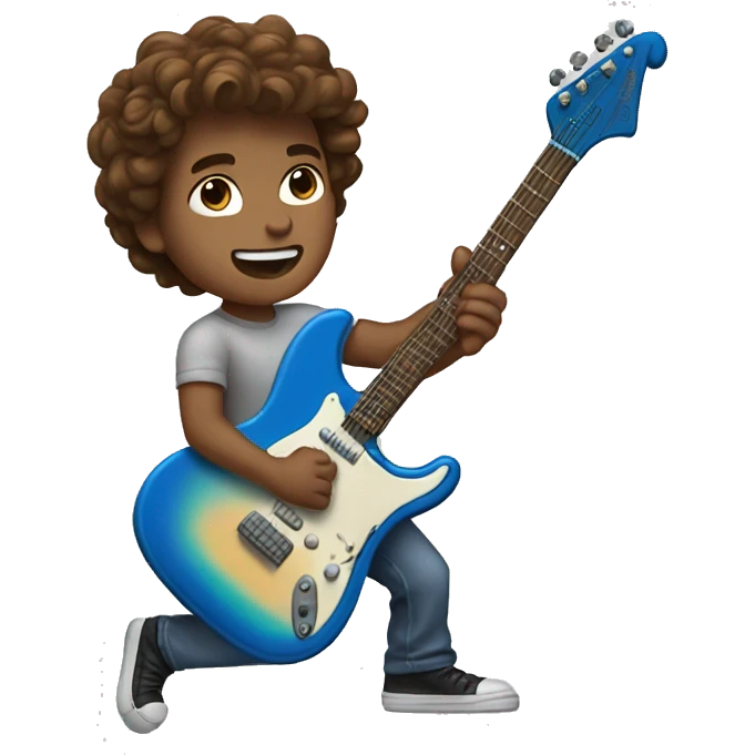 Boy with wavy brown hair and blue eyes surfing while playing electric guitar emoji