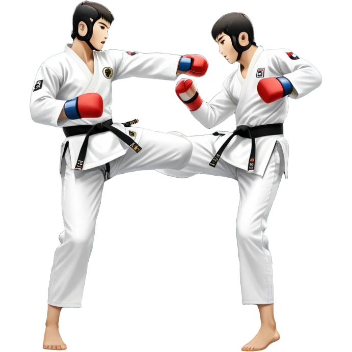 Two taekwondo fighters in traditional white doboks with black belts compete in a dynamic match. One executes a high spinning kick, while the other blocks skillfully. The background features a professional arena with bright lights and spectators. Transparent background. emoji