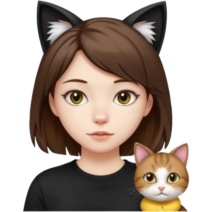 a girl with pale skin, medium length brown hair with lots of dandruff , cat ears and a tail, with a black t-shirt on emoji