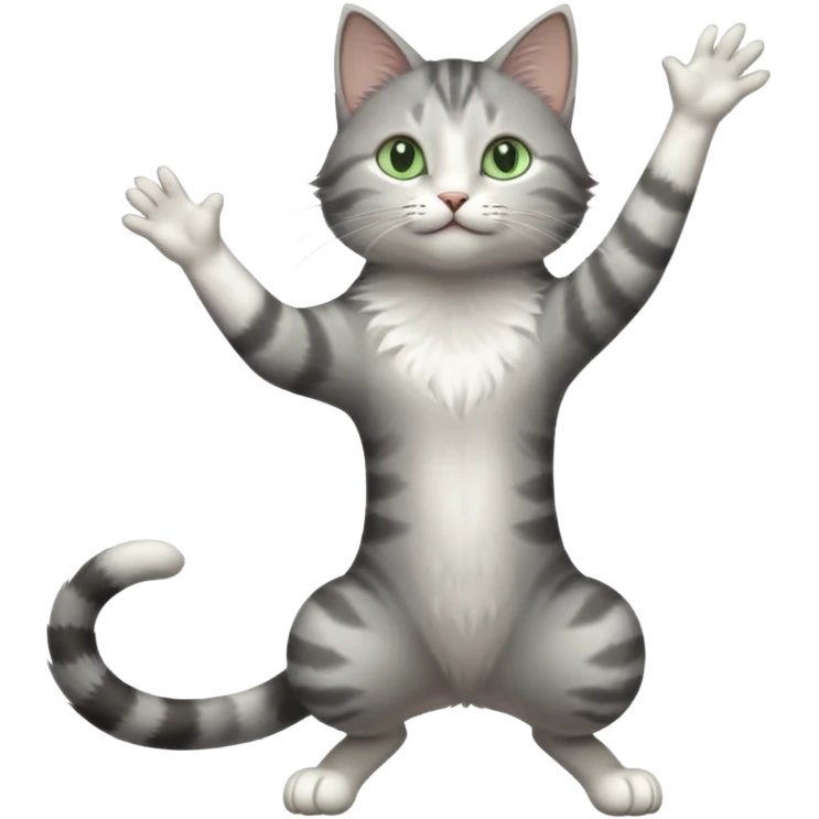 grey and white cat with green eyes doing a big extremely long stretch reaching up into the air with arms and legs side by side together emoji