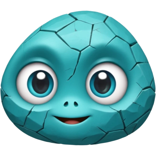 One small turquoise rock creature, rounded but still clearly a rock with cracks and facets, subtle shine, big expressive eyes and a shy smile, emoji