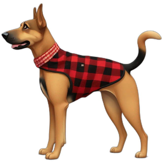 75% Coonhound 25% German Shepherd mix dog wearing small pointed red buffalo plaid bandana pointing down side view full body facing left emoji