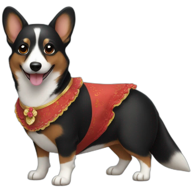 Black corgi wearing sevillana dress emoji