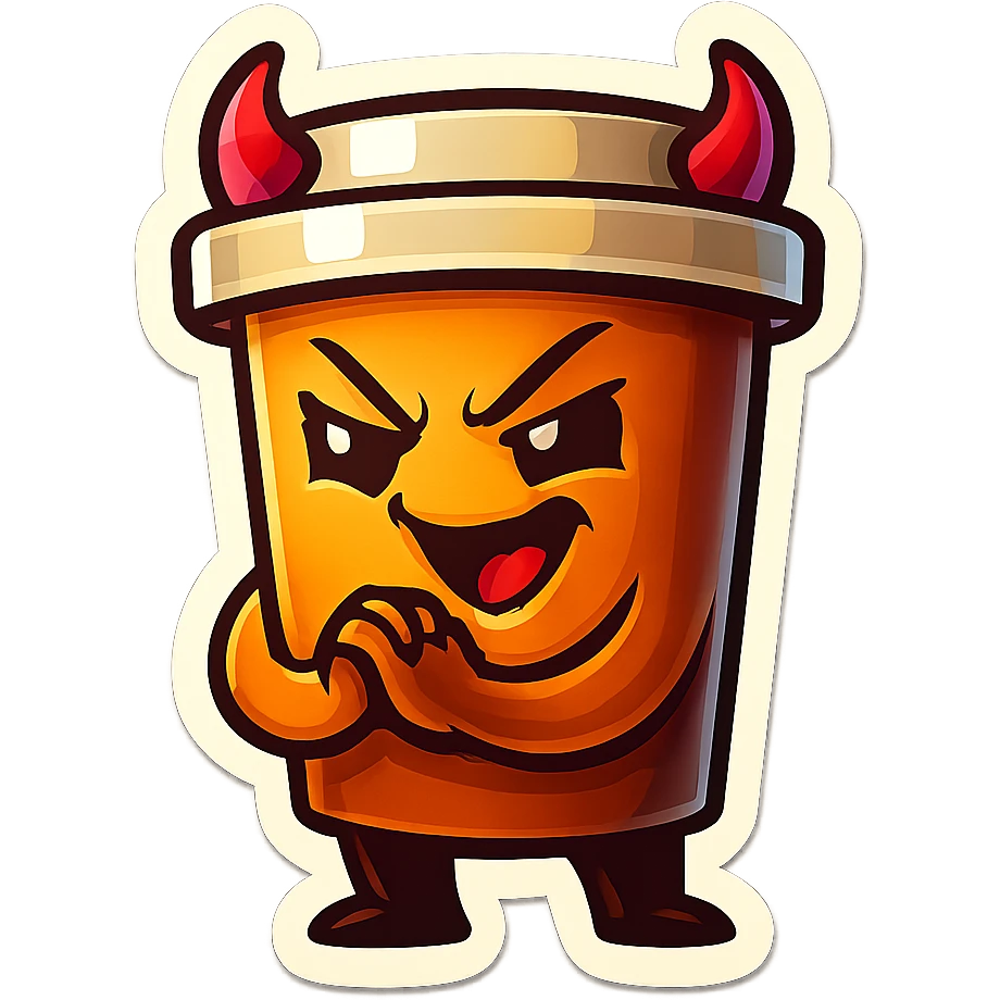 Tall coffee cup, devil horns, smirking, evil, rubbing hands together, laughing emoji