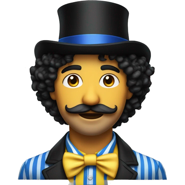 man with shoulder length black curly hair and mustache wearing yellow and blue striped shirt wearing a bit top hat all black emoji