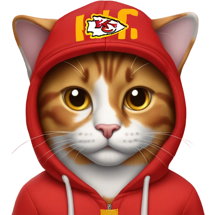 Calico cat wearing KC chiefs hoodie and chiefs ball cap emoji