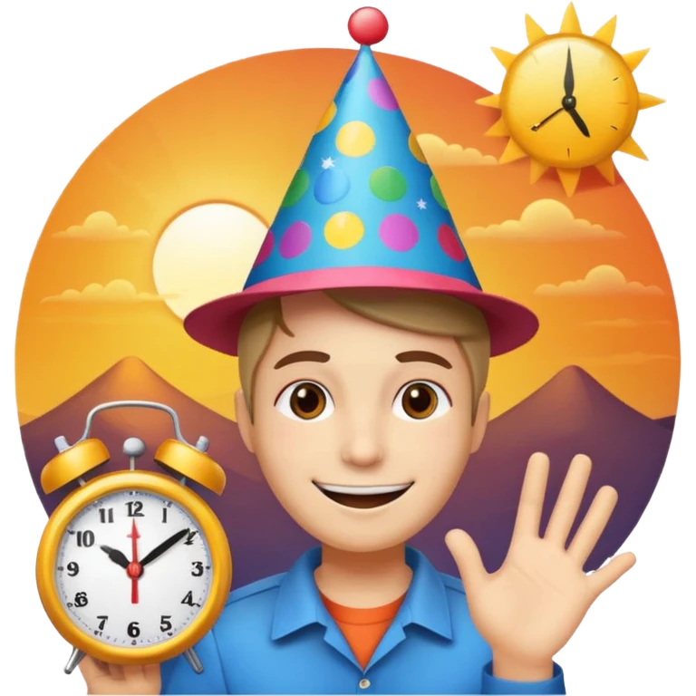party face, alarm clock, sunset emoji