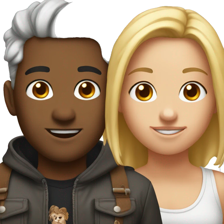 a two best friends who met at the university. One has brown hair medium length, a piercing in the nose has tattos, one has white hair  emoji