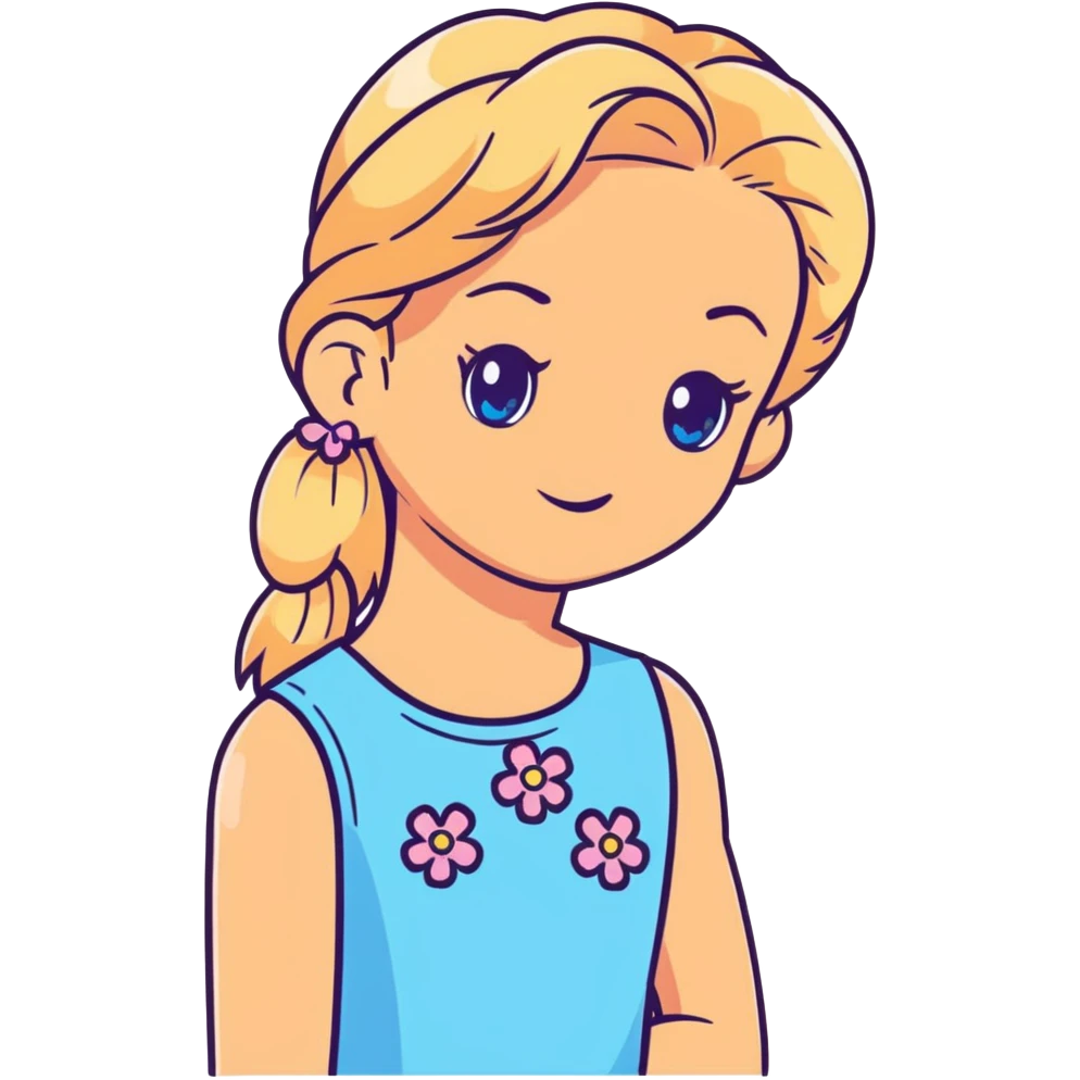 preppy coastal teen girl with blue eyes, beach blonde hair, tan skin, small flowers in her ear, preppy beach outfit emoji