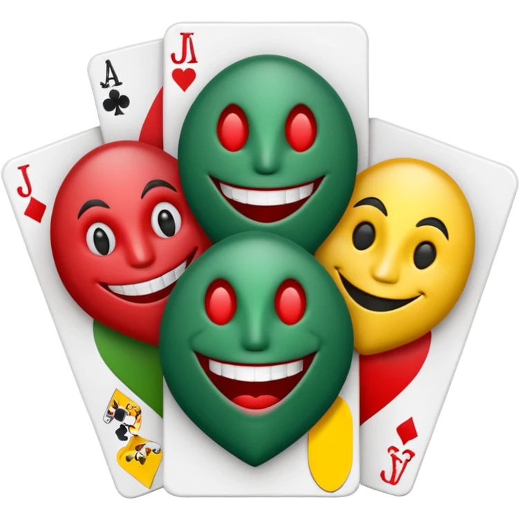 bunch of 3 poker cards, with crazy colorful human jolly jokers inside, inversed face emoji