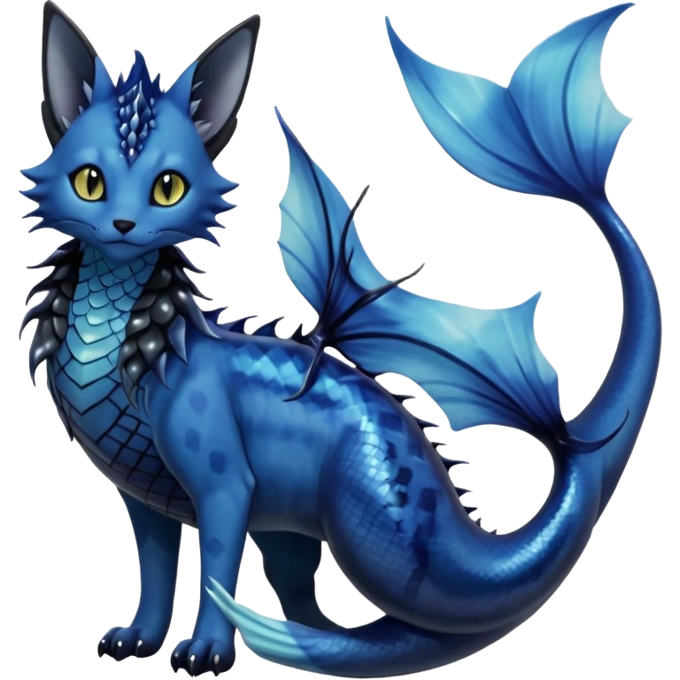 Epic complex abyssal fantasy divine glorious detailed dark dusky gloomy deep gothic gloomy cobalt-blue-abyss-blue-black-greyish, realistic Fakémon-Sprigatito-Floragato-Meowscarada-Vaporeon-Salandit-Trico-Sergal-Serval-Vernid-creature (full body) with mermaid-ears, tail fin, shiny sparkly, abyssal emoji
