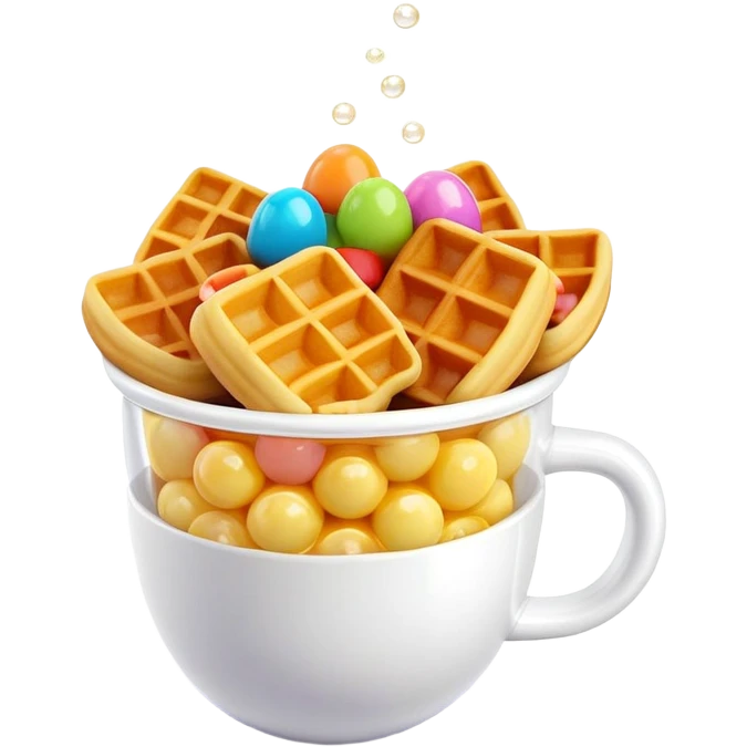 3D rendered mini Hong Kong egg waffles in a cup with colorful toppings, hyper-realistic bubbled texture, vibrant colors, glossy finish, detailed bubble pattern, playful presentation emoji
