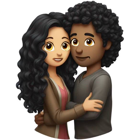  Man with long curly hair kissing  woman with long dark hair emoji