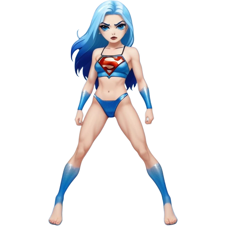Very tall-very very very large chest-really angry-stomping foot-very long straight flat black to sky blue hair ombre-blue eyes-black eyeliner-long eyelashes-iridescent sting bikini top with glitter superman logo-lip pierced emoji