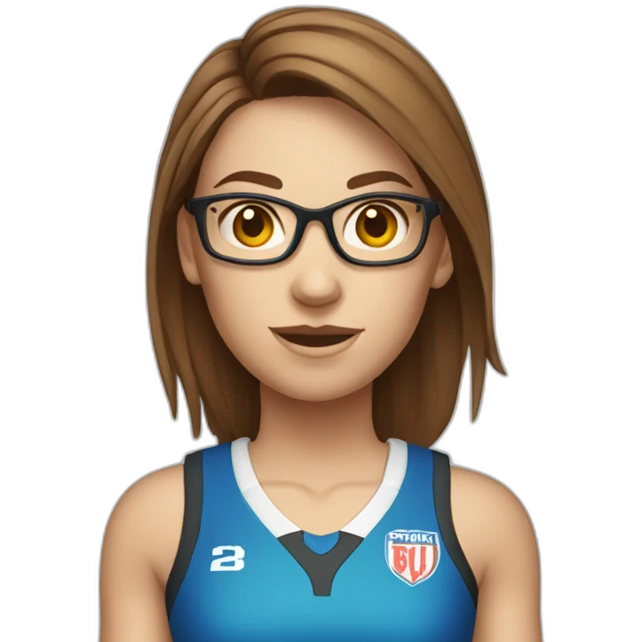 single caucasian female netballer with brown hair, glasses, skirt and ball emoji