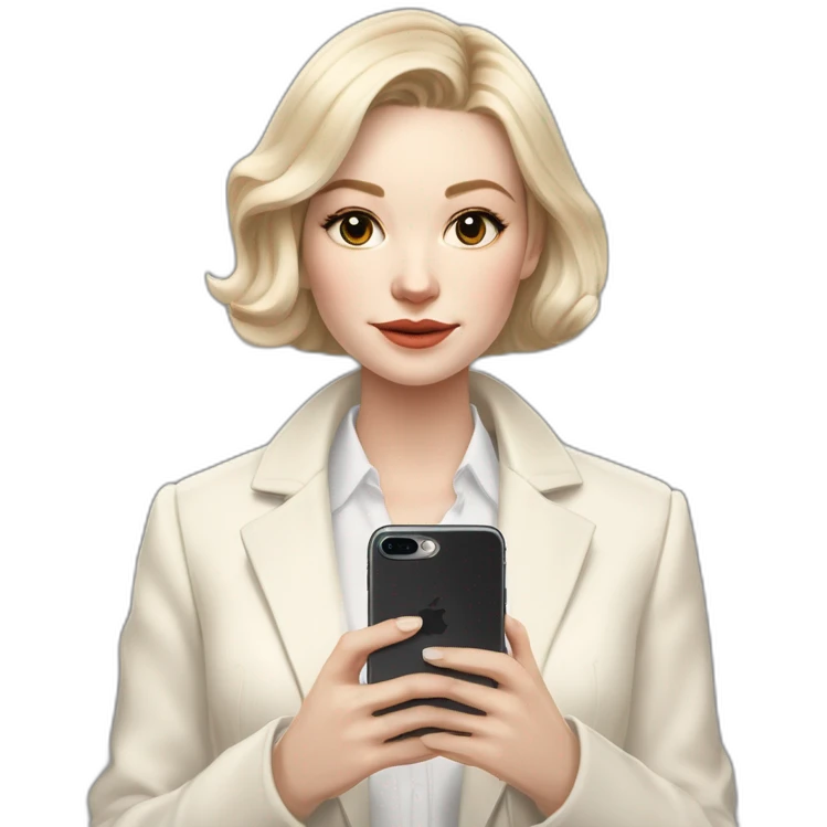 pale skin woman with ash blonde Straightened bob Hair, White Spacious classical jacket, beige palazzo Arrow pants and gray blouse holding IPhone 15 pro in the hands emoji