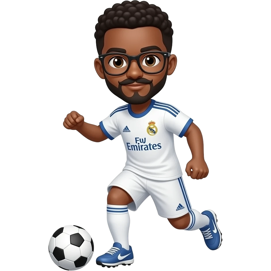 black boy with glasses playing soccer with a madrid jersey and a little mustache and beard emoji