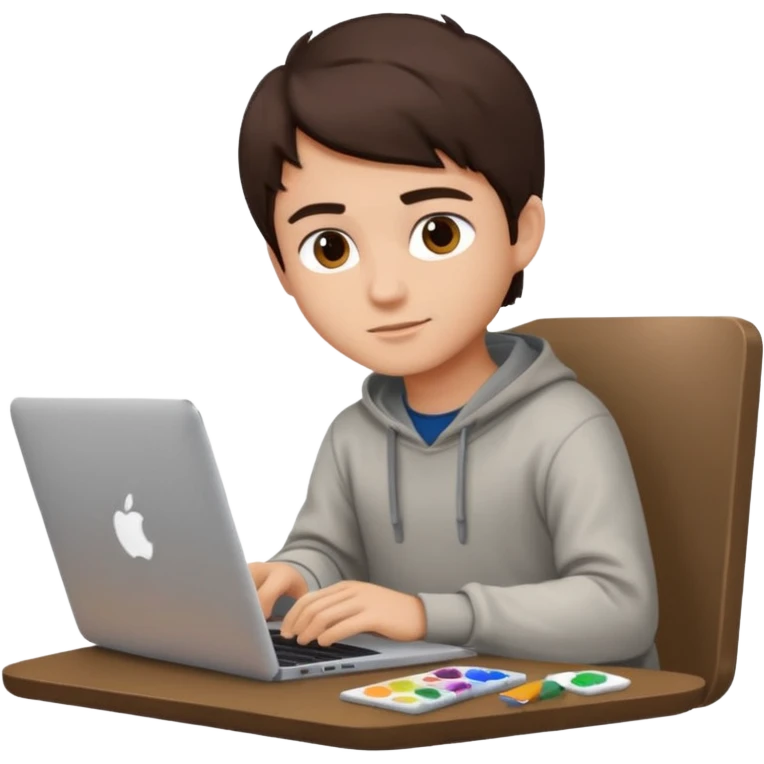 boy working in Macbook, he is graphic designer and paint artist, he seat front side and hair dark brown color emoji