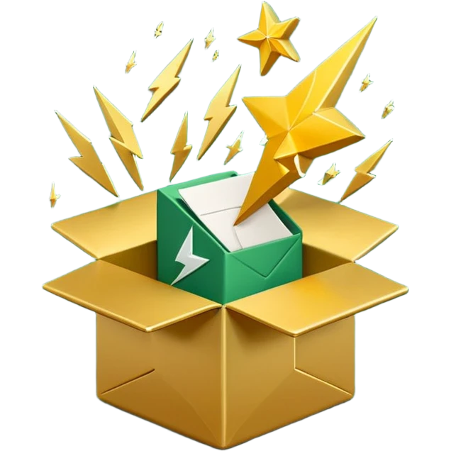 3D minimal open box with small floating icons coming out (envelope, lightning bolt, star), soft matte finish, deep green (#0B3D2C) box, gold (#C9B037) floating icons, Apple style, ultra clean and sleek, very soft ambient shadow, transparent background emoji