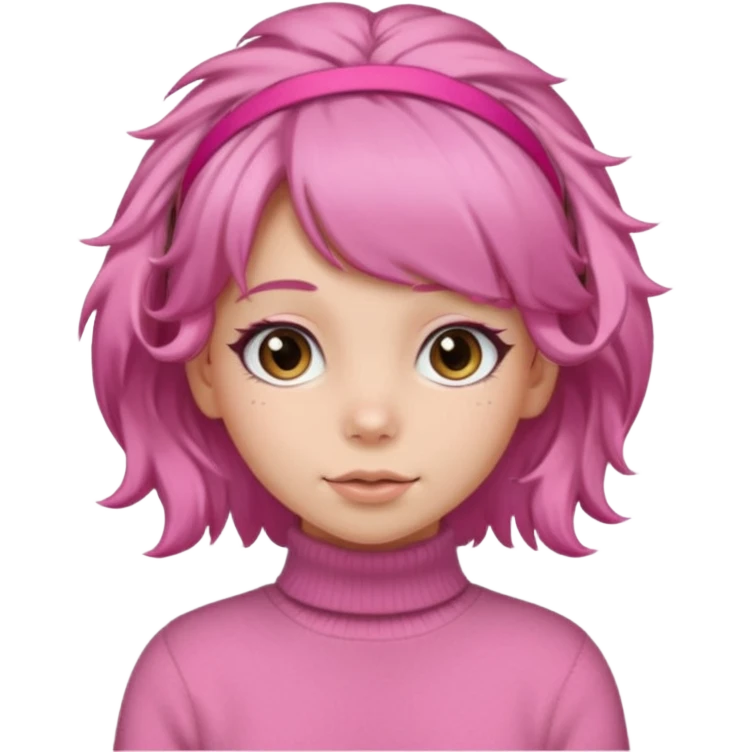 brown fluffy haired girl with pink turtleneck sweater and pink hair band emoji