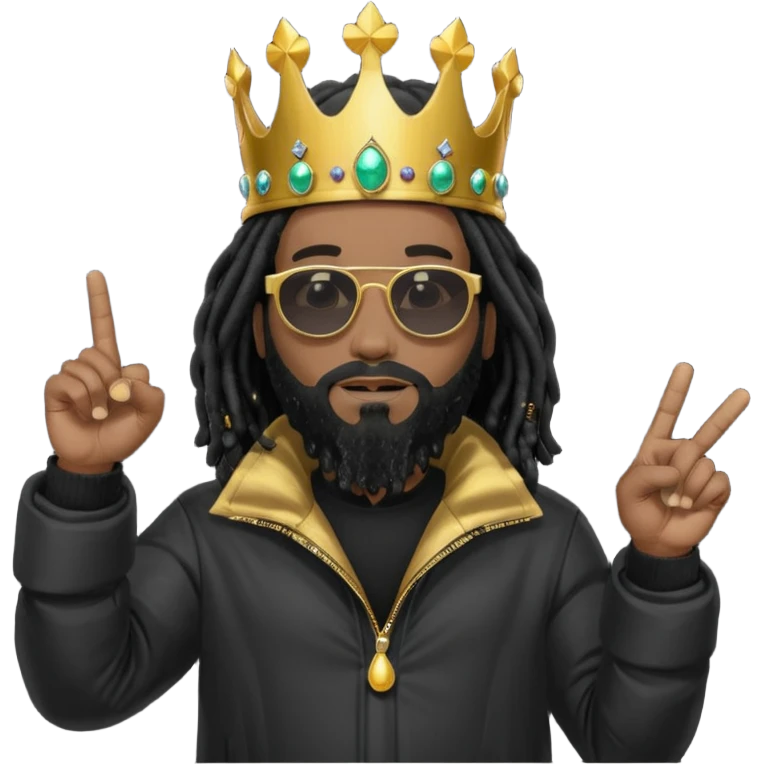 African American man with shoulder length black dreadlocks with black beard wearing black sunglasses wearing Crown on his head wearing a black bubble mens winter coat pointing to himself emoji
