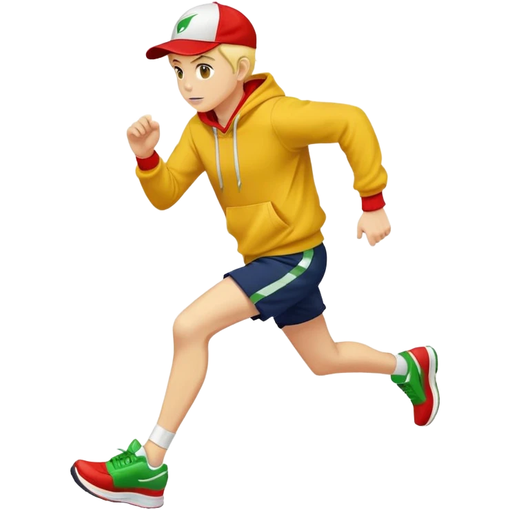 A yellow-skinned person running with a navy ballcap, red hoodie, white shorts, and green shoes emoji