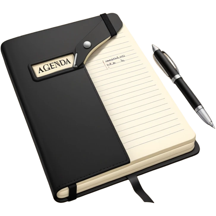 A classic black Moleskine notebook open to show a page with 'AGENDA' written at the top and meeting items listed below with bullet points emoji