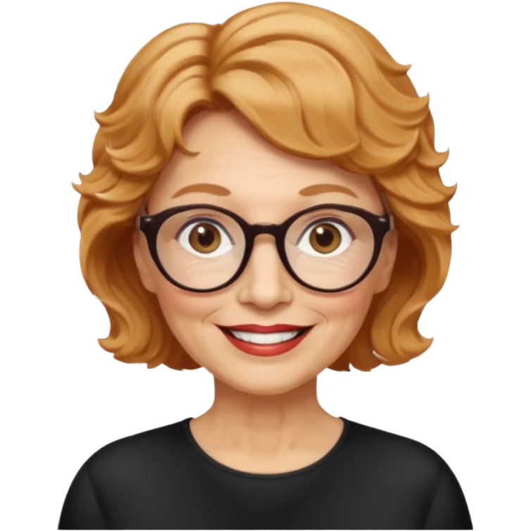 woman 70 years old, very short strawberry blonde weavy hair, brown eyes and round dark glasses smile emoji