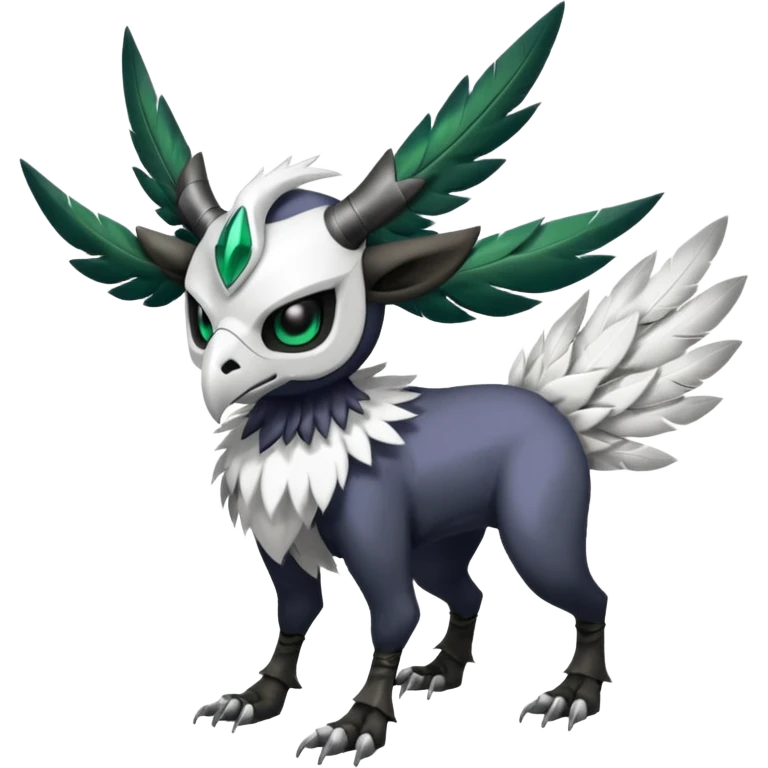 Shiny Black Grey White and Dark-Green Trico-Skarmory-Silvally-Skiddo-Sprigatito-Absol-fusion (full body) with and edgy white horned skull mask face emoji