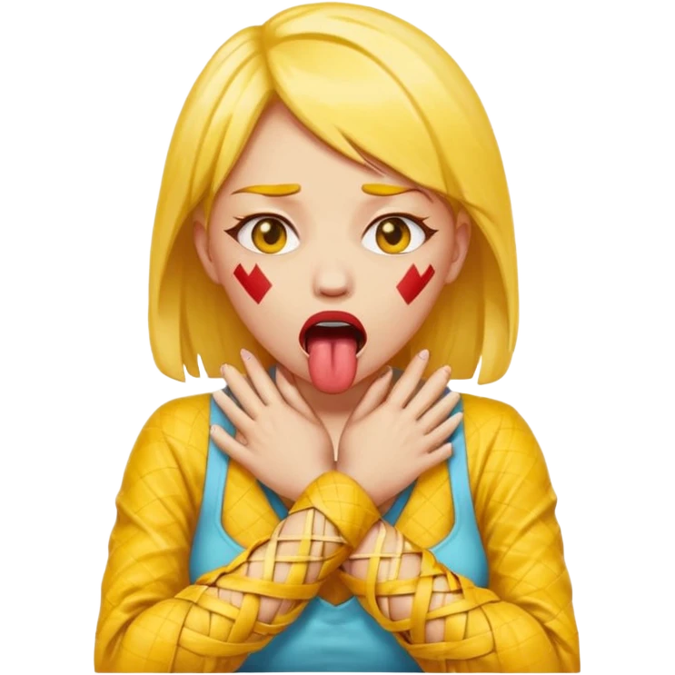 criss cross hands around throat choking self woman emoji tongue out yellow skin emoji