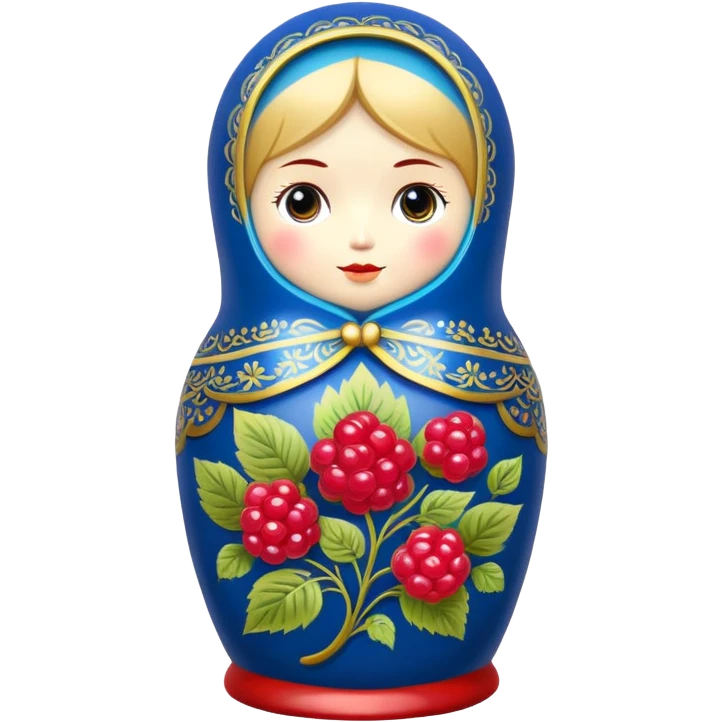 blue khokhloma-painted matryoshka doll with raspberries inside emoji