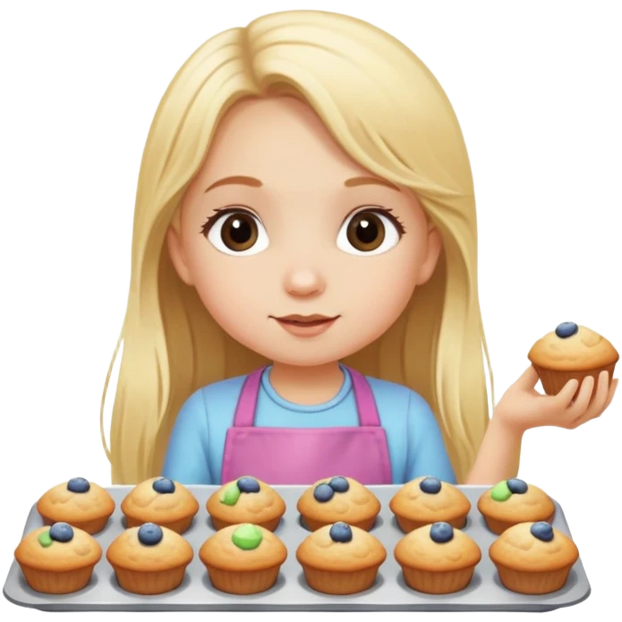 Small girl baking muffins long blonde hair emoji