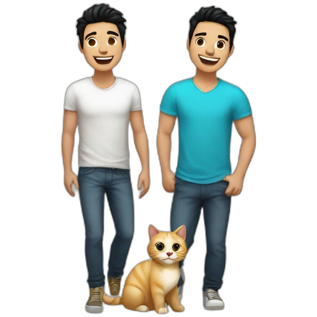 Gay couple, 1 guy Latino black hair and 1 Australian guy blonde hair with a cat laughing full body emoji
