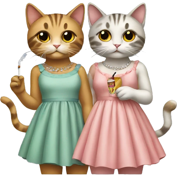 Two kitties wearing dresses holding a cigarette emoji