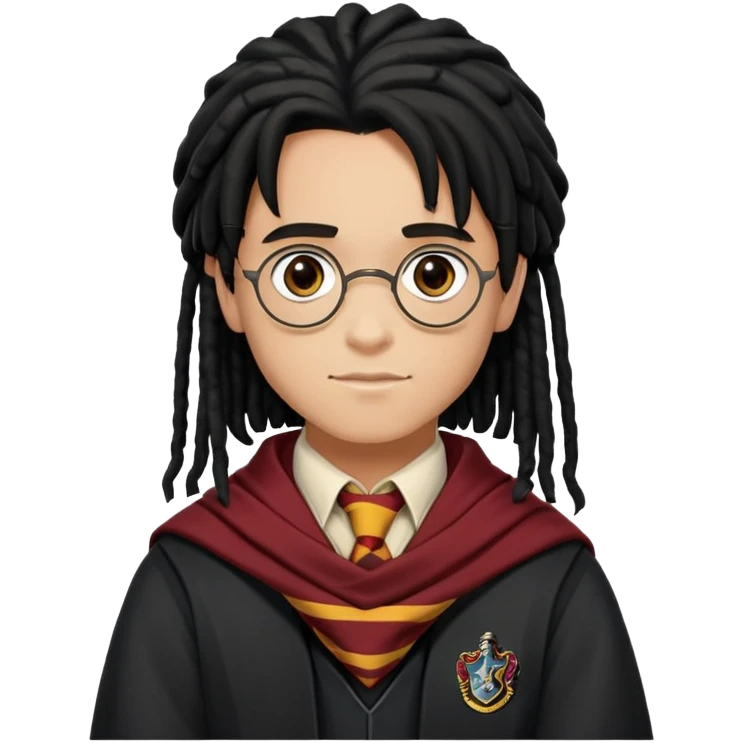 Luke Youngblood is Lee Jordan in harry potter, wear hogwarts uniform, dreadlocks black  hair, gryfindor scarf around neck emoji