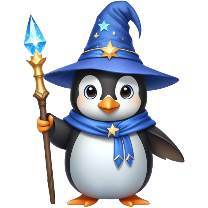 A cute penguin dressed as a wizard with a pointed blue hat with stars, holding a magical wand emoji
