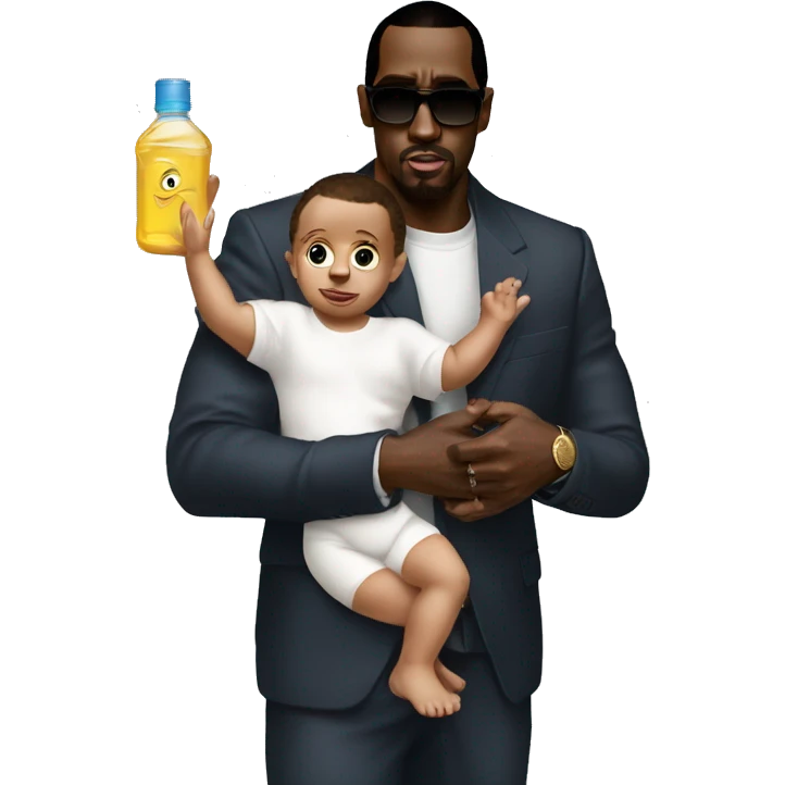 P-diddy carry a baby in his arm and hold a baby oil in his other arm emoji