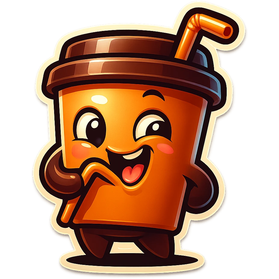 Tall coffee cup, amused, giggling, mischievous, drinking coffee with straw, looking sideways emoji