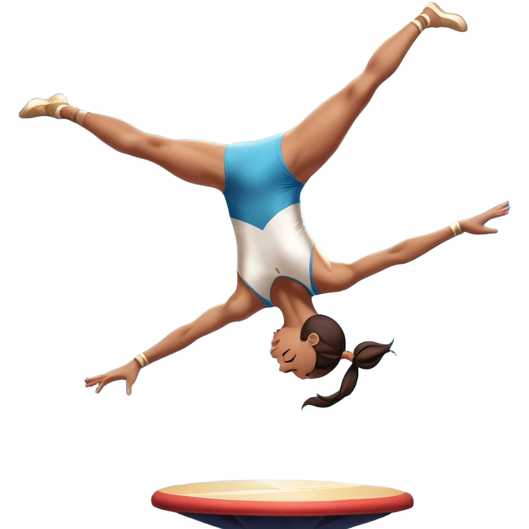 A skilled acrobat mid-air, executing a breathtaking flip with perfect control. The pose radiates strength, balance, and agility. The background suggests a dynamic performance space, with stage lights or a competition arena, emphasizing motion, precision, and teamwork. emoji