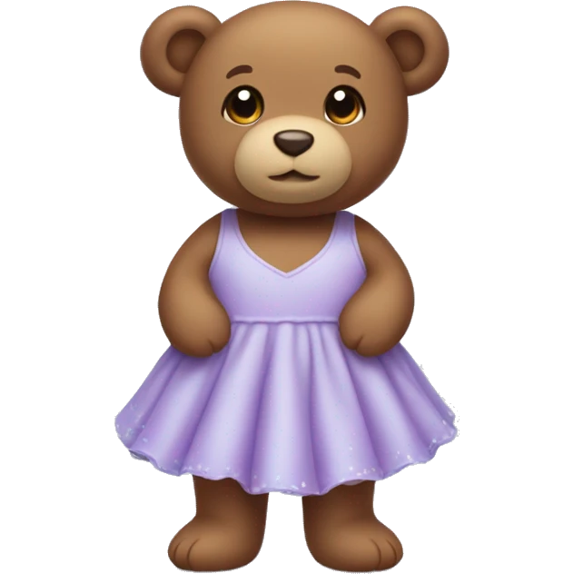Little brown teddy bear wearing a light purple dress that is feet length and has super light blue sea stars on it emoji