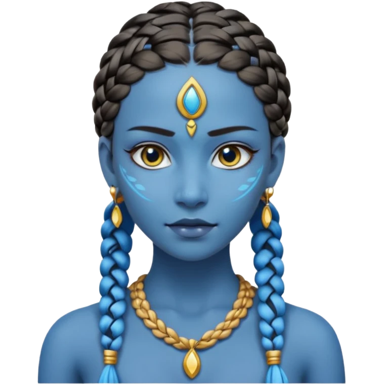 Draw a Na’vi female with glowing blue skin, white forehead markings, braided hair, gold earrings & a calm gaze. emoji
