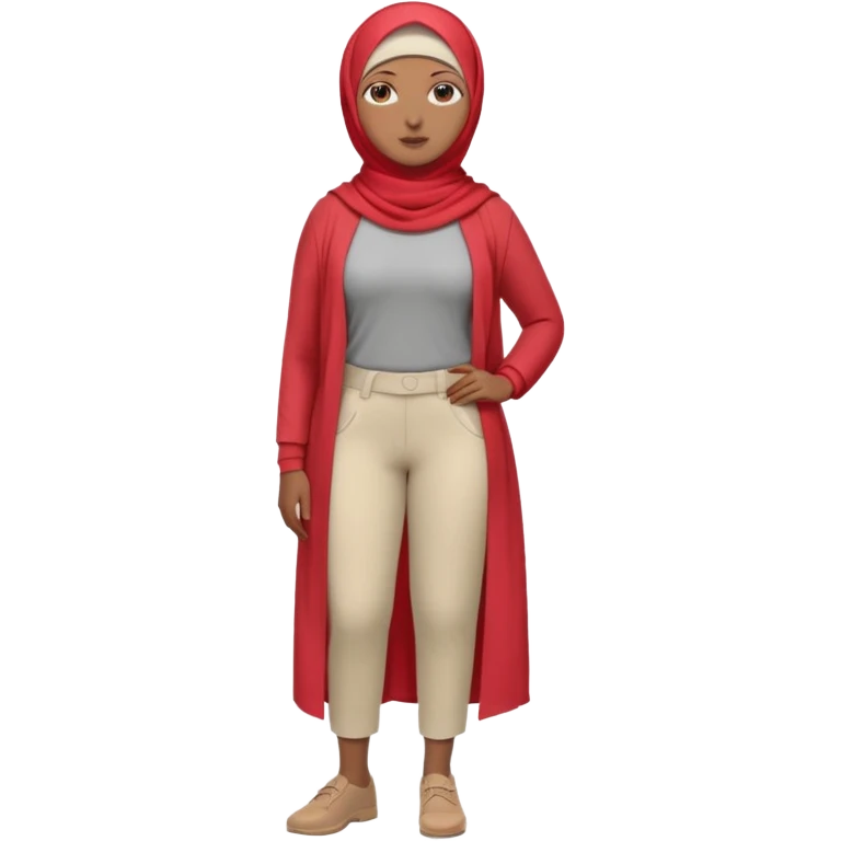 Heavy-set woman with medium-brown skin wearing a light red hijab, cream top, light red pants, tan shoes, and a grey prosthetic leg. Standing confidently with one hand on her hip emoji